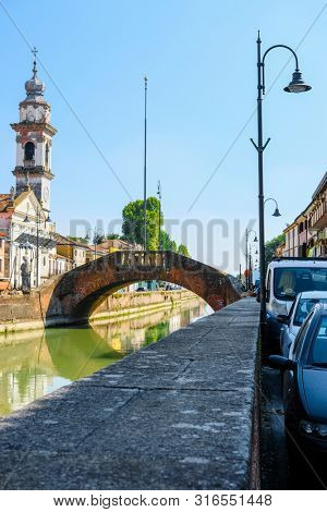 Battaglia Terme, Italy - July, 27, 2019: Landscape with the image of channel in Battaglia Terme, Italy