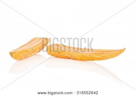 Group Of Three Halves Of Stale  Orange Stale Baby Carrot Baby Isolated On White Background