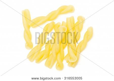 Lot Of Whole Raw Pasta Gemelli Flatlay Isolated On White Background