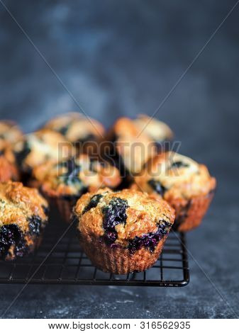 Homemade Vegan Blueberry Muffins On Cooling Rack. Vegetarian Egg-free Muffins On Dark Background. Ve