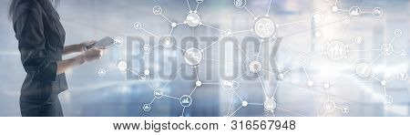Ommunication Network. Horizontal Panoramic Business Background. Organisational Structure On Virtual 