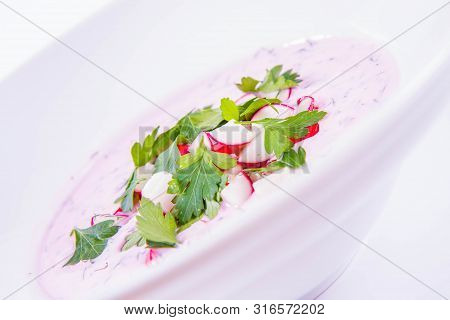 Cold Borscht (chlodnik) - Traditional Lithuanian Cold Soup With Radish, Parsley And Dill
