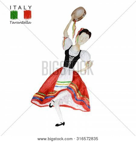 Red National Costume Dancing An Italian Tarantella With A Tambourine On White Background. Woman Danc