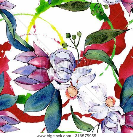 Bouquet Loral Botanical Flowers. Watercolor Background Illustration Set. Seamless Background Pattern
