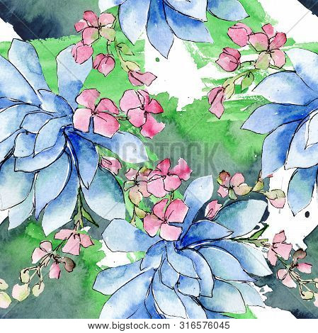 Bouquet Loral Botanical Flowers. Watercolor Background Illustration Set. Seamless Background Pattern