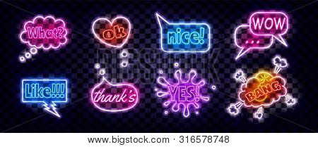 Realistic Neon Expression Comic Bubbles. Retro Elements Set With Glowing Neon Tubes On Transparent B
