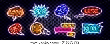 Realistic Neon Expression Comic Bubbles. Retro Elements Set With Glowing Neon Tubes On Transparent B