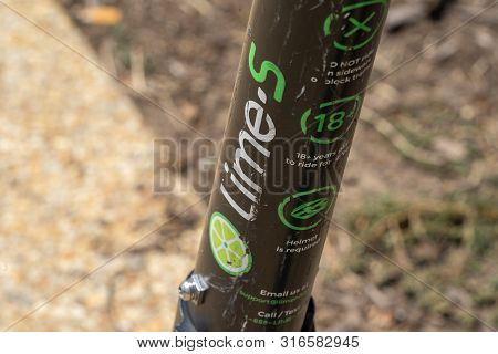 Washington, Dc - August 9, 2019: Close Up Of A Lime Brand Dockless Electronic Scooter. These App-bas