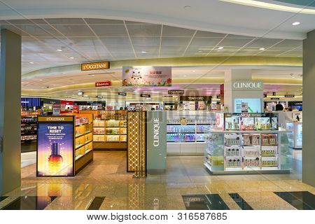 SINGAPORE - CIRCA APRIL, 2019: goods on display at Cosmetics & Perfumes by The Shilla Duty Free in Changi International Airport. 