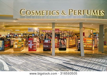 SINGAPORE - CIRCA APRIL, 2019: goods on display at Cosmetics & Perfumes by The Shilla Duty Free in Changi International Airport. 