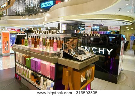 SINGAPORE - CIRCA APRIL, 2019: goods on display at Cosmetics & Perfumes by The Shilla Duty Free in Changi International Airport. 
