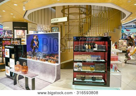 SINGAPORE - CIRCA APRIL, 2019: goods on display at Cosmetics & Perfumes by The Shilla Duty Free in Changi International Airport. 