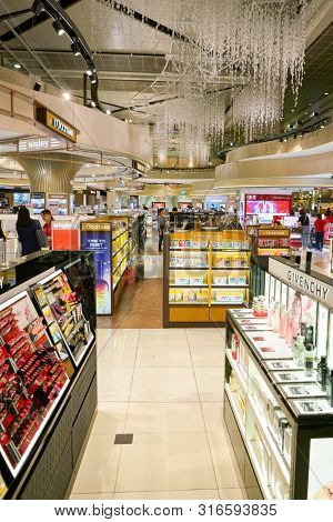 SINGAPORE - CIRCA APRIL, 2019: goods on display at Cosmetics & Perfumes by The Shilla Duty Free in Changi International Airport. 