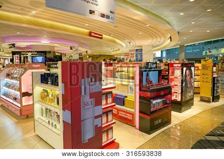 SINGAPORE - CIRCA APRIL, 2019: goods on display at Cosmetics & Perfumes by The Shilla Duty Free in Changi International Airport. 