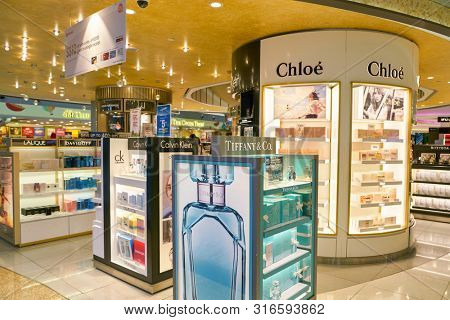 SINGAPORE - CIRCA APRIL, 2019: goods on display at Cosmetics & Perfumes by The Shilla Duty Free in Changi International Airport. 