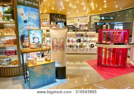 SINGAPORE - CIRCA APRIL, 2019: goods on display at Cosmetics & Perfumes by The Shilla Duty Free in Changi International Airport. 