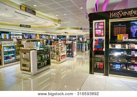 SINGAPORE - CIRCA APRIL, 2019: goods on display at Cosmetics & Perfumes by The Shilla Duty Free in Changi International Airport. 
