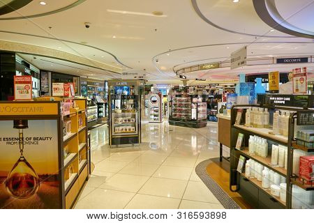 SINGAPORE - CIRCA APRIL, 2019: goods on display at Cosmetics & Perfumes by The Shilla Duty Free in Changi International Airport. 