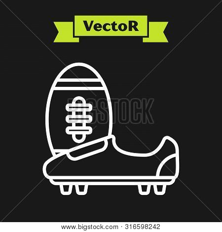 White Line Soccer Or Football Shoes With Spikes Icon Isolated On Black Background. American Football