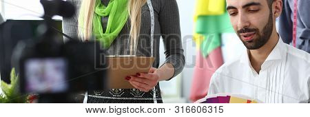 Handmade Dressmaking Social Media Vlog Concept. Fashion Designers Team Choosing Colors For New Colle