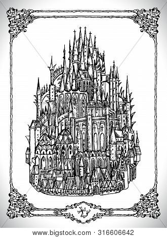 Mediaval Castle Or Town With Towers. Vector Line Art Mystic Illustration. Engraved Drawing In Gothic