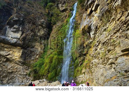Waterfall Beside The Road In Himalayan Mountain, Near Thimphu, Bhutan.