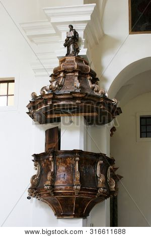 SAMOBOR, CROATIA - MARCH 03, 2018: Pulpit in the Church of the Assumption of the Virgin Mary in Samobor, Croatia