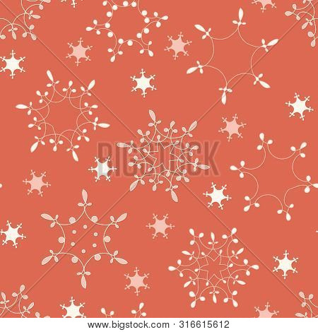 A Seamless Vector Pattern With Doodle Snowflakes On A Coral Background. Surface Print Design.