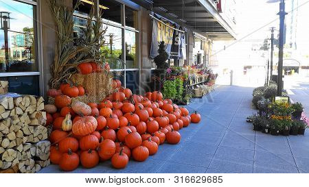 Pumpkins  Near Entrance Of Safeway Store. Supermarket Prepared For Thanksgiving Day And Halloween. S