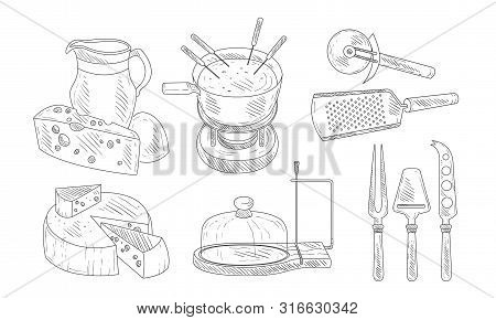 Tools For Chopping And Cutting Of Cheese, Steel Knives Set, Cheese Fondue French Dish Vector Illustr