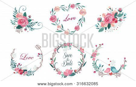Floral Frame Collection, Wedding Invitation, Save The Date Card Design Elemets, Wreath With Blooming