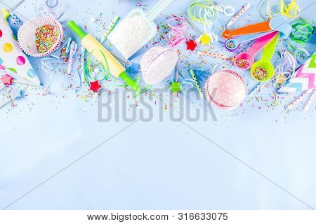 Sweet Baking Concept For Birthday Holiday Party, Cooking Background With Baking Stuff - Rolling Pin,
