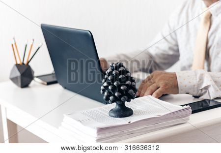 Close-up Of Hands Middle-aged Man In White Shirt And Yellow Tie Typing On Keyboard Laptop Computer, 