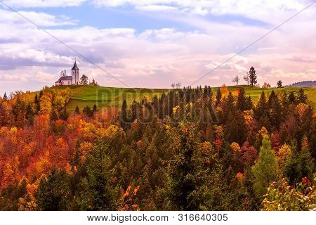 Autumn Sunrise Panorama With Saints Primus And Felician Church On Top Of Hill In Slovenian Countrysi