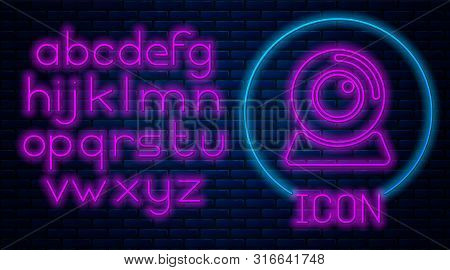 Glowing Neon Web Camera Icon Isolated On Brick Wall Background. Chat Camera. Webcam Icon. Neon Light