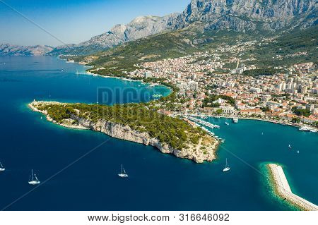 An Aerial View Of Makarska, A Beautiful City Located In Croatia
