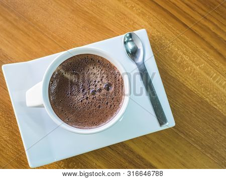 Hot Coco Cup On Wood Table, Hot Chocolate Milk In The Morning.