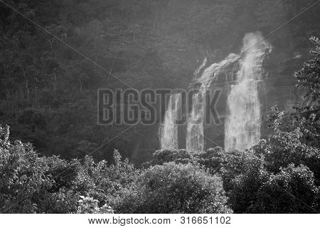 Siribhume Water Fall Flow Through Forest In Rainy Season Of Thailand; Monotone By Black And White