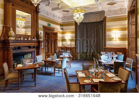 Aberdeen, United Kingdom - August 17, 2014: Luxury Dining Room Interior At Ardoe House Hotel In Scot