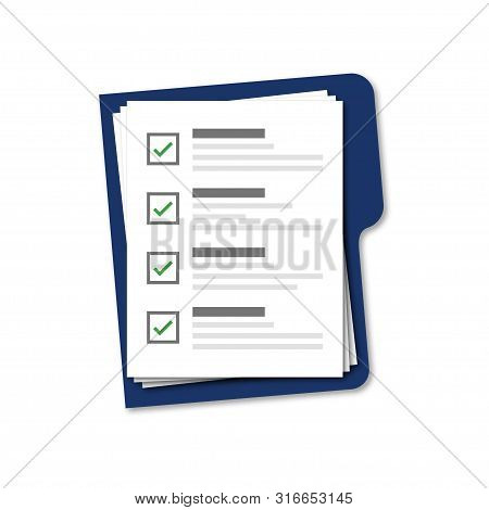 Blue Folder With Checklist Isolated Vector On White Background. Blue Vector Folder With Document. Ve