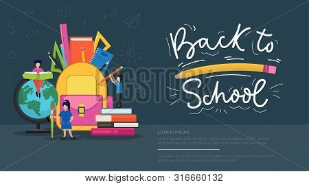 Back To School Banner Vector Illustration. Cartoon People Holding Books, Pencils And Pens And Stashi