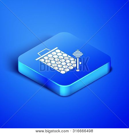 Isometric Honeycomb With Honey Dipper Stickicon Isolated On Blue Background. Honey Ladle. Honey Cell