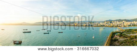 Sanya Town Evening Cityscape, View From Phoenix Island On Hainan Island In China