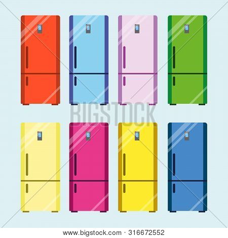 Fridge Set, Kitchen Equipment. Refrigerator To Keep Cool, Appliance To Store Food And Drink Fresh. V
