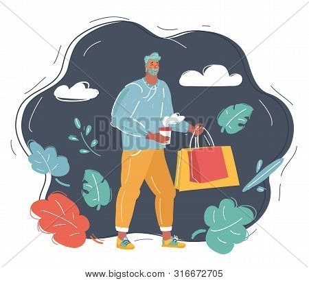 Vector Cartoon Illustration Of Happy Customer With Bags. Happy Man. Consumerism, Shopaholic, Sales C