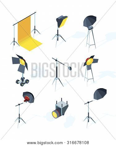 Studio Equipment Isometric. Photo Or Tv Production Tools Spotlights Softbox Directional Light Umbrel