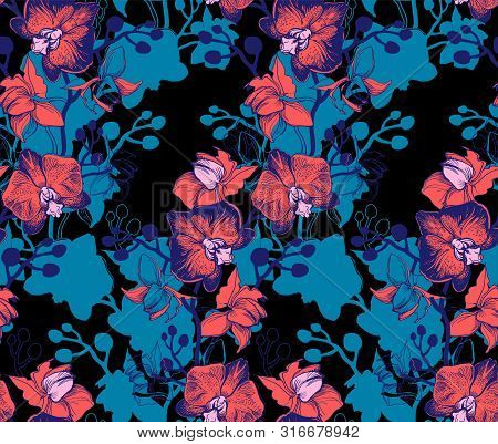 Colored Botanical Seamless Pattern With Orchids Flowers Drawn By Hand. Tropical Floral Manual Graphi
