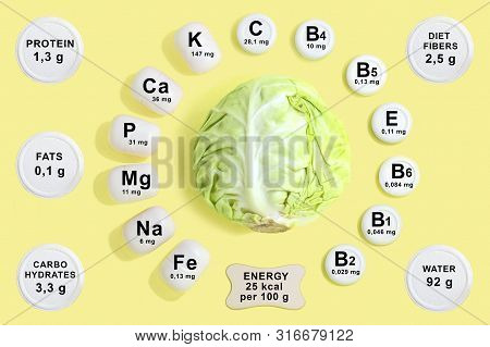 Vitamin And Mineral Composition In White Cabbage. Information About Nutrients. Useful Properties Of 