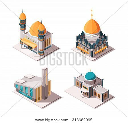 Religion Buildings. Muslim Mosque Lutheran Church Christian And Catholic Cultural Traditional Religi