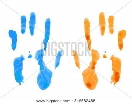 Close Up Of Colored Hand Prints On White Background